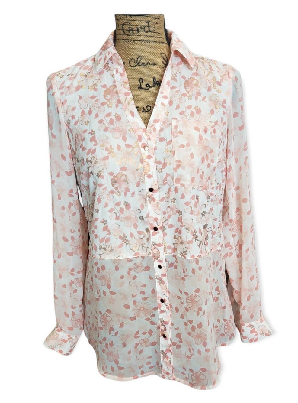 Candie's Pink Pastel & Rose Gold Button Up Long Sleeved Dressy Collared Blouse